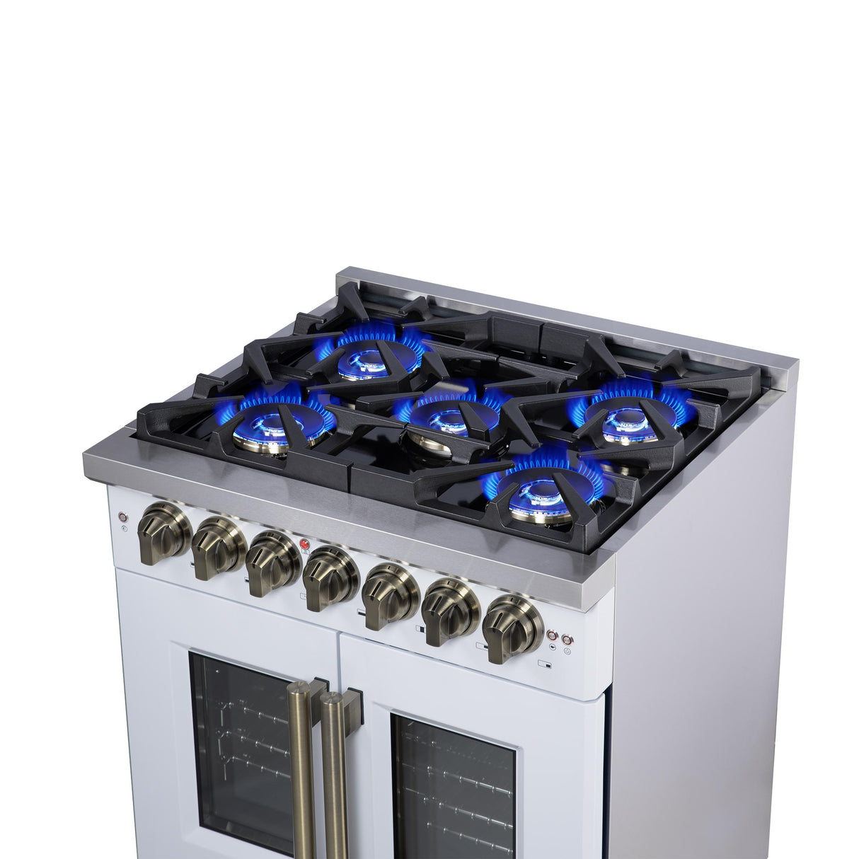 Forno Capriasca 30 Inch Freestanding French Door Dual Fuel Range in White with Antique Brass Accessories, 5 Burners, True Convection Oven