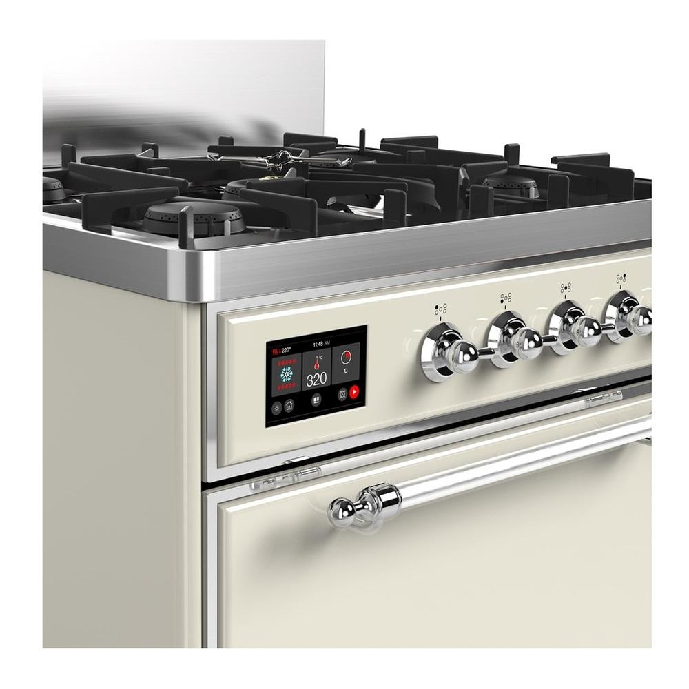 ILVE UM30QNR3AWCLP Majestic III 30 inch Dual Fuel Range with 5 Black Brass Burners, Dual Function Burner up to 25,000 BTU (Liquid Propane, Solid Door, Antique White, Chrome)