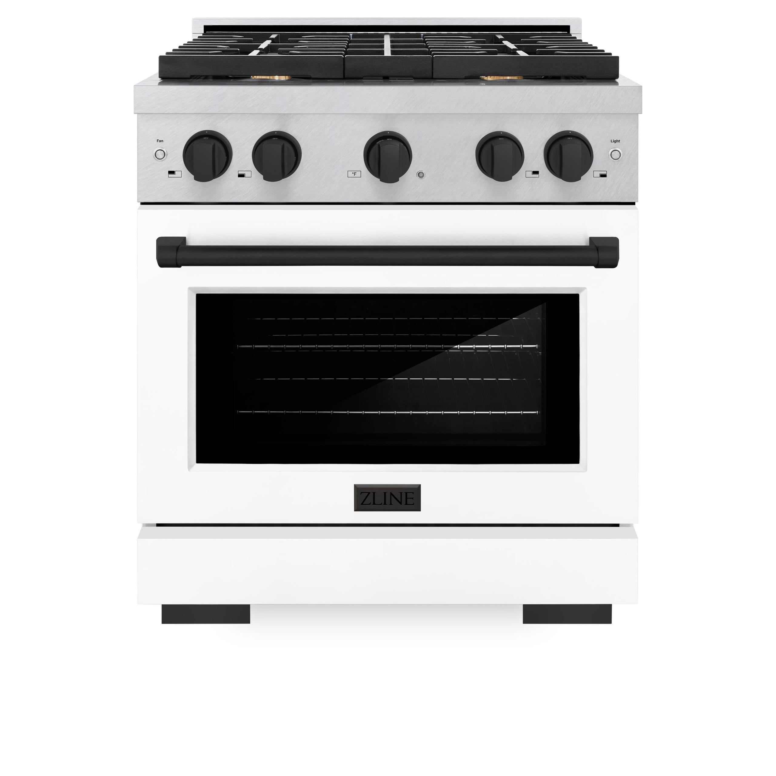 ZLINE Autograph Edition 30 in. 4.2 cu. ft. 4 Burner Gas Range with Convection Gas Oven in DuraSnow' Stainless Steel with White Matte Door and Matte Black Accents (SGRSZ-WM-30-MB)