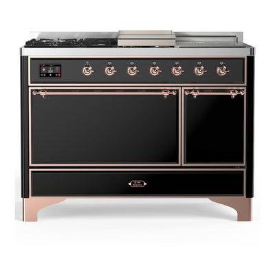 ILVE UM48FSQNR3BKPLP Majestic III 48 inch Dual Fuel Range with 5 Black Brass Burners, Griddle and French Top, Dual Function Burner up to 25,000 BTU (Liquid Propane, Solid Door, Glossy Black, Copper)