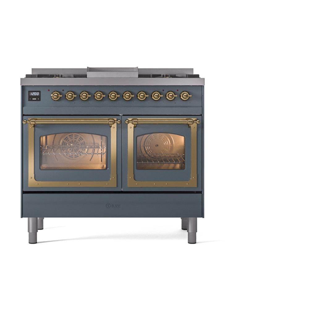 ILVE UND40FNMPBGG Nostalgie II Noblesse 40 inch Dual Fuel Range (Natural Gas, Triple Glass Door, Blue Grey, Brass)
