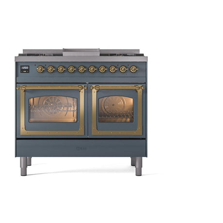 ILVE UND40FNMPBGG Nostalgie II Noblesse 40 inch Dual Fuel Range (Natural Gas, Triple Glass Door, Blue Grey, Brass)