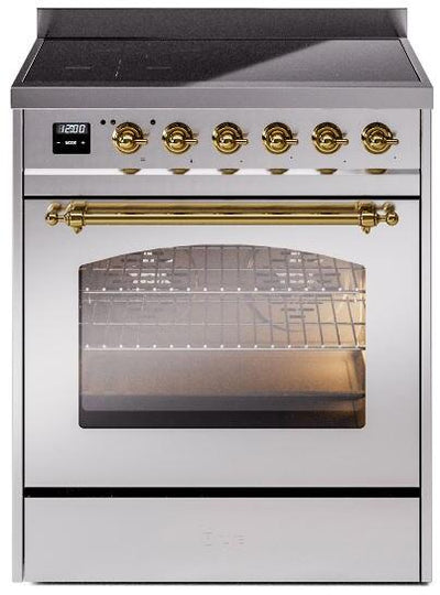 Nostalgie II 30 Inch Electric Freestanding Range in Stainless Steel with Brass Trim