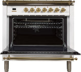Nostalgie 36 Inch Gas Natural Gas Freestanding Range in White with Brass Trim