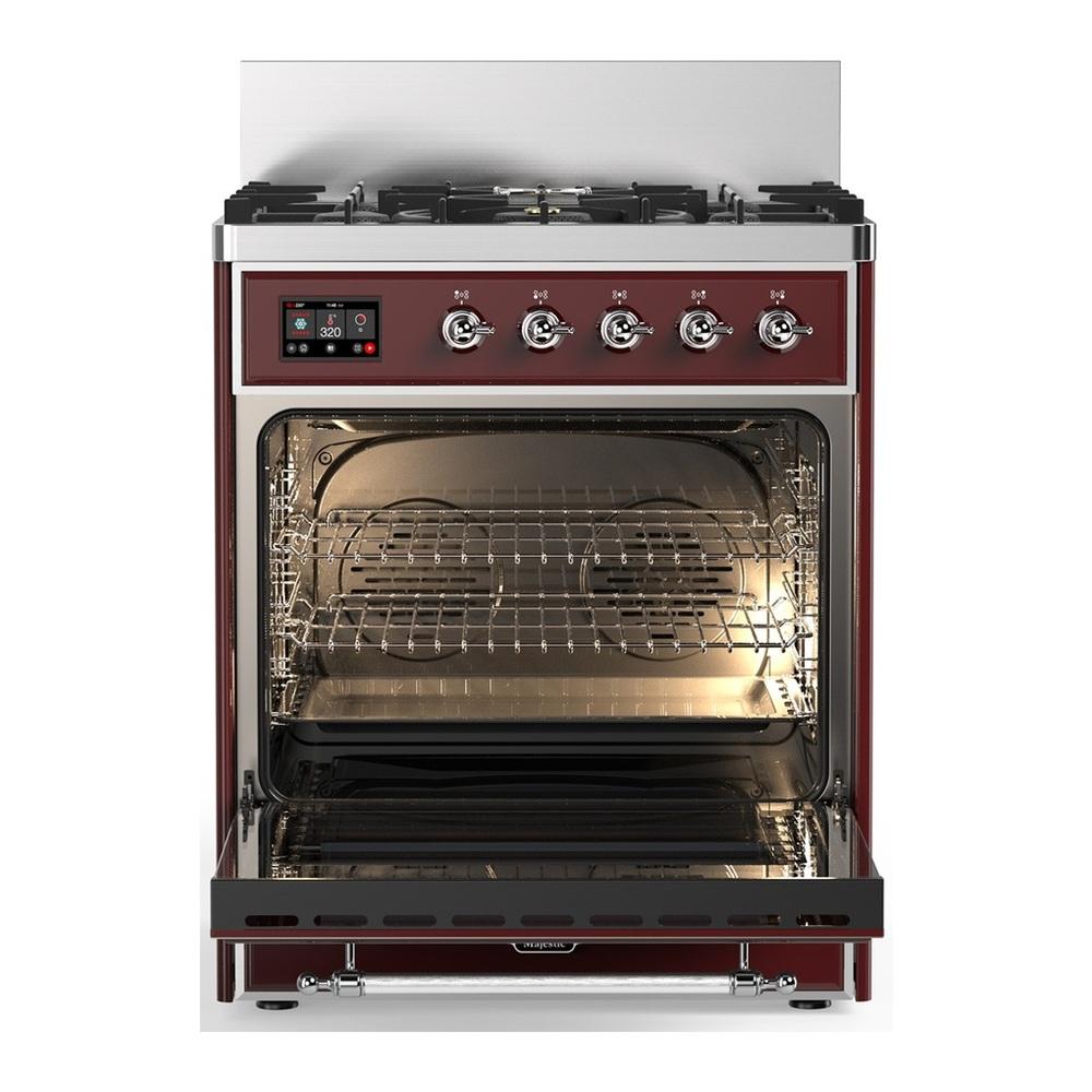 ILVE UM30QNR3BUCLP Majestic III 30 inch Dual Fuel Range with 5 Black Brass Burners, Dual Function Burner up to 25,000 BTU (Liquid Propane, Solid Door, Burgundy, Chrome)