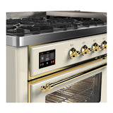 ILVE UM60FNR3AWG Majestic III 60 inch Dual Fuel Range with 9 Burners and Griddle, Dual Function Burner up to 25,000 BTU (Natural Gas, Triple Glass Door, Antique White, Brass)