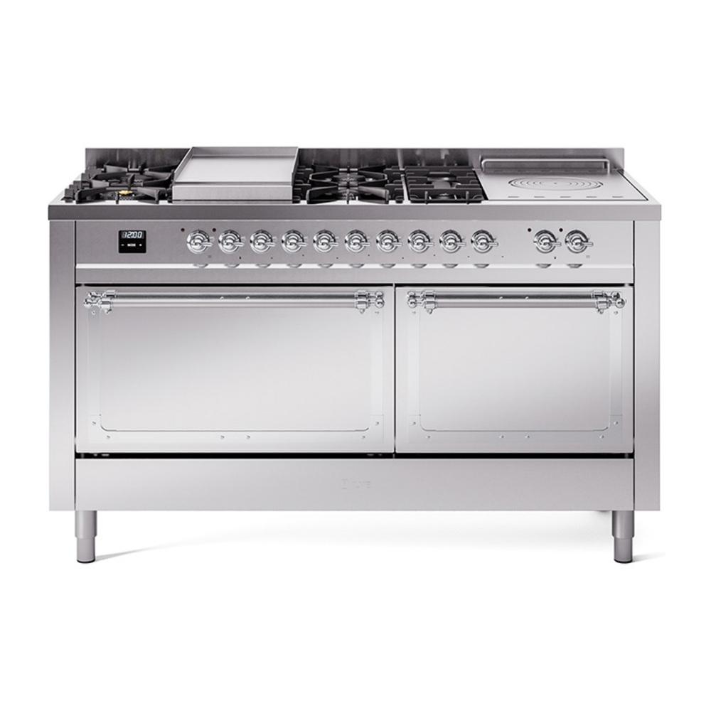 ILVE UN60FSQNMPSSC Nostalgie II Noblesse 60 inch Dual Fuel Range (7 Sealed Burners + Griddle + French Top, Natural Gas, Solid Door, Stainless Steel, Chrome)