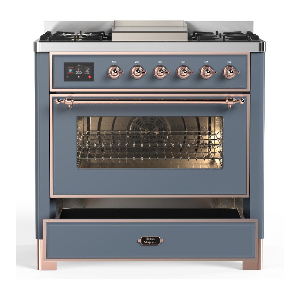 ILVE UM36FNR3BGPLP Majestic III 36 inch Dual Fuel Range with 6 Black Brass Burners and Griddle, Dual Function Burner up to 25,000 BTU (Triple Glass Door, Blue Grey, Copper, Liquid Propane)