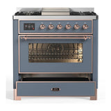 ILVE UM36FNR3BGPLP Majestic III 36 inch Dual Fuel Range with 6 Black Brass Burners and Griddle, Dual Function Burner up to 25,000 BTU (Triple Glass Door, Blue Grey, Copper, Liquid Propane)