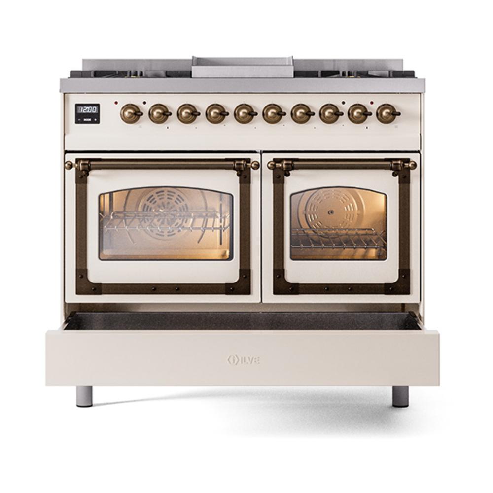 ILVE UND40FNMPAWBLP Nostalgie II Noblesse 40 inch Dual Fuel Range (Liquid Propane, Triple Glass Door, Antique White, Burnished)