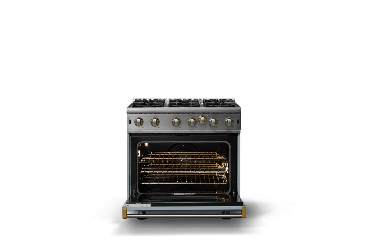 36"W. Open Burner Gas Range (Finish: November Sky, Trim: Brushed Brass, Fuel: Propane)