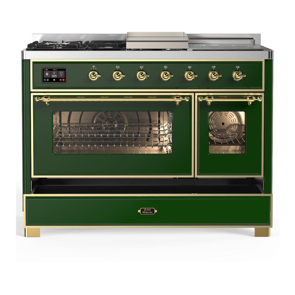 ILVE UM48FSNR3EGG Majestic III 48 inch Dual Fuel Range with 5 Black Brass Burners, Griddle and French Top, Dual Function Burner up to 25,000 BTU (Natural Gas, Triple Glass Door, Emerald Green, Brass)