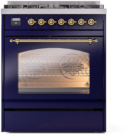Nostalgie II 30 Inch Dual Fuel Natural Gas Freestanding Range in Blue with Brass Trim