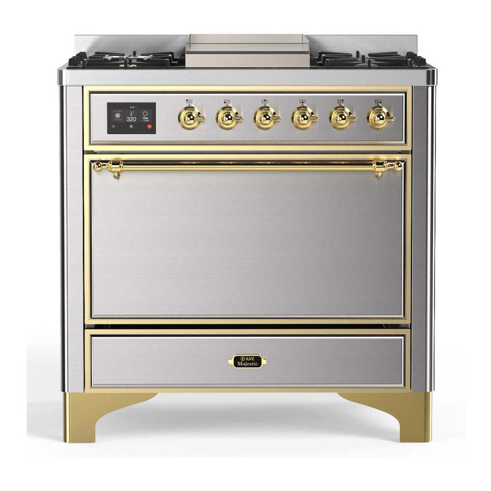 ILVE UM36FQNR3SSG Majestic III 36 inch Dual Fuel Range with 6 Black Brass Burners and Griddle, Dual Function Burner up to 25,000 BTU (Solid Door, Stainless Steel, Brass, Natural Gas)