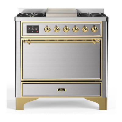 ILVE UM36FQNR3SSG Majestic III 36 inch Dual Fuel Range with 6 Black Brass Burners and Griddle, Dual Function Burner up to 25,000 BTU (Solid Door, Stainless Steel, Brass, Natural Gas)