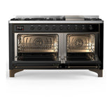 ILVE UM60FQNR3BKB Majestic III 60 inch Dual Fuel Range with 9 Burners and Griddle, Dual Function Burner up to 25,000 BTU (Natural Gas, Solid Door, Glossy Black, Burnished)