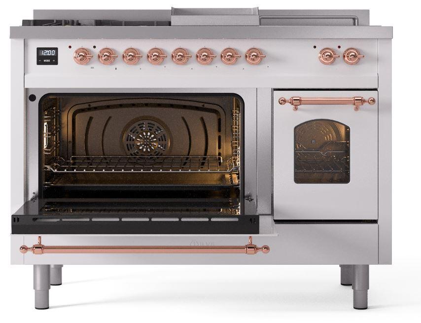 Nostalgie II 48 Inch Dual Fuel Liquid Propane Freestanding Range in White with Copper Trim