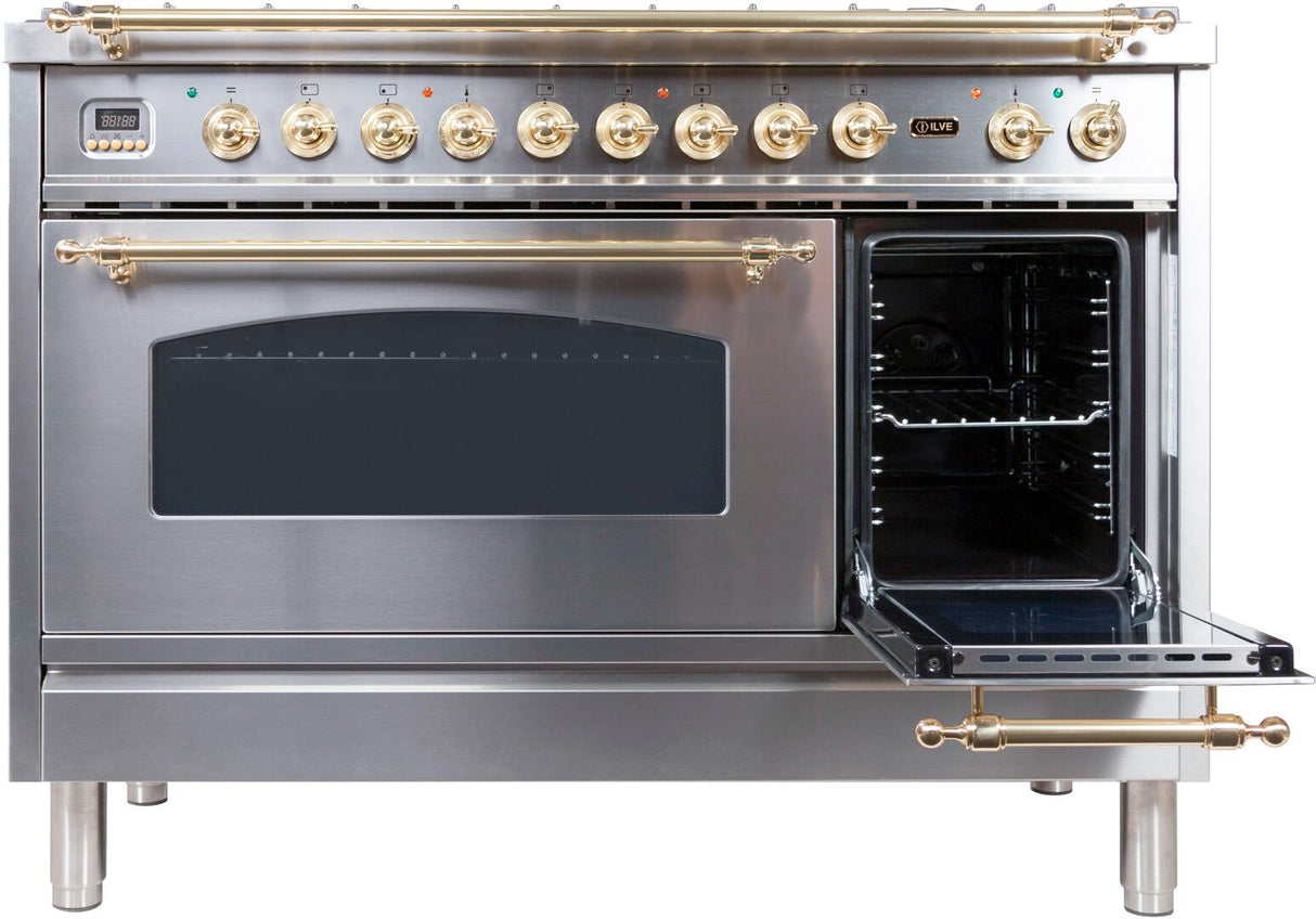 Nostalgie 48 Inch Dual Fuel Natural Gas Freestanding Range in Stainless Steel with Brass Trim