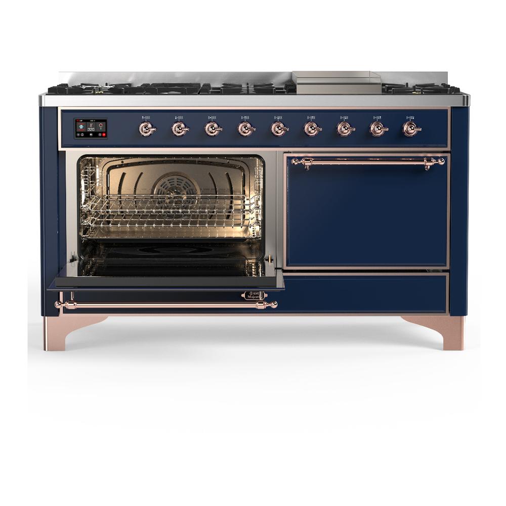 ILVE UM60FQNR3MBPLP Majestic III 60 inch Dual Fuel Range with 9 Burners and Griddle, Dual Function Burner up to 25,000 BTU (Liquid Propane, Solid Door, Midnight Blue, Copper)