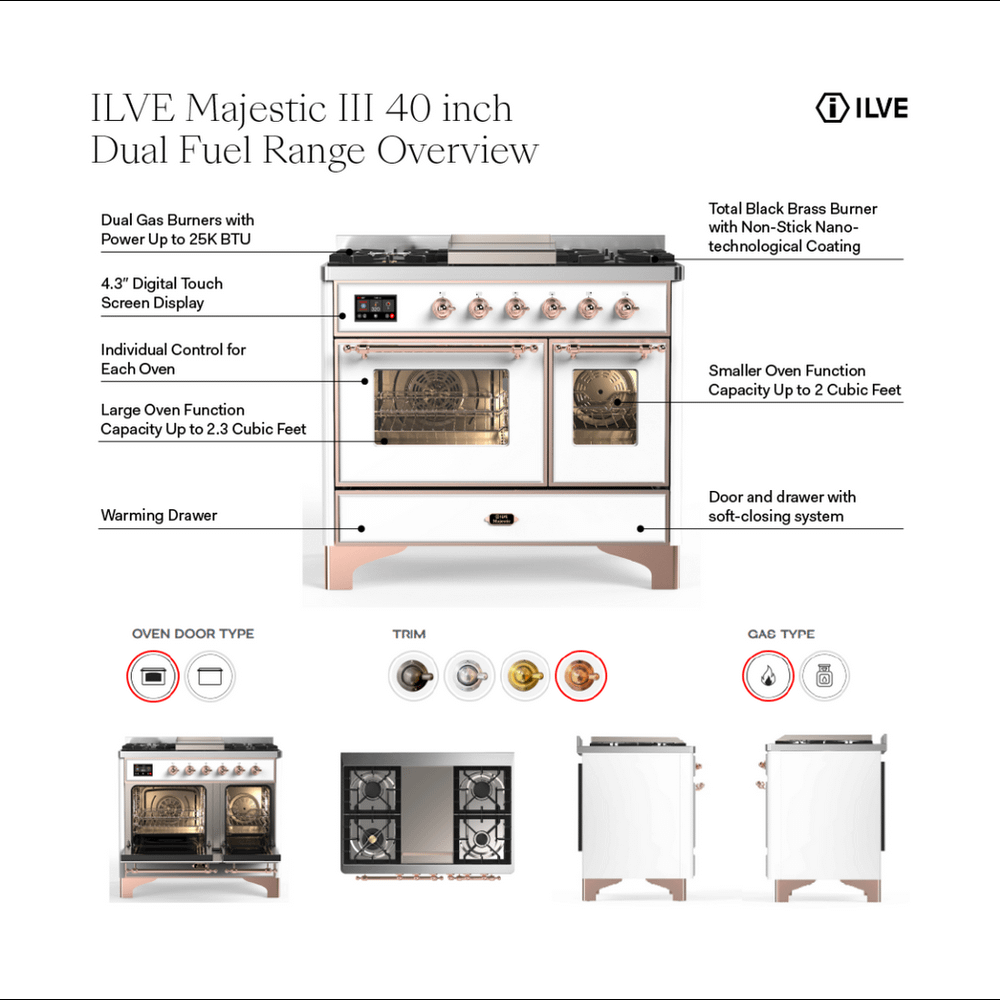 ILVE UMD40FNR3RABLP Majestic III 40 inch Dual Fuel Range with 6 Burners and Griddle, Dual Function Burner up to 25,000 BTU (Liquid Propane, Triple Glass Door, RAL, Burnished)