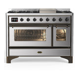 ILVE UM48FNR3SSB Majestic III 48 inch Dual Fuel Range with 8 Burners and Griddle, Dual Function Burner up to 25,000 BTU (Natural Gas, Triple Glass Door, Stainless Steel, Burnished)