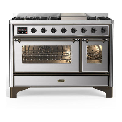 ILVE UM48FNR3SSB Majestic III 48 inch Dual Fuel Range with 8 Burners and Griddle, Dual Function Burner up to 25,000 BTU (Natural Gas, Triple Glass Door, Stainless Steel, Burnished)
