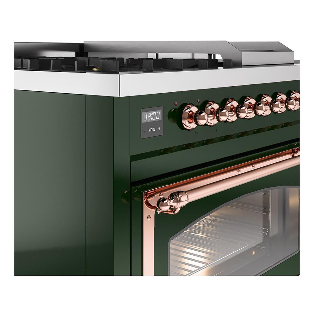 ILVE UN48FSNMPEGPLP Nostalgie II Noblesse 48 inch Dual Fuel Range (5 Sealed Burners + Griddle + French Top, Liquid Propane, Triple Glass Door, Emerald Green, Copper)