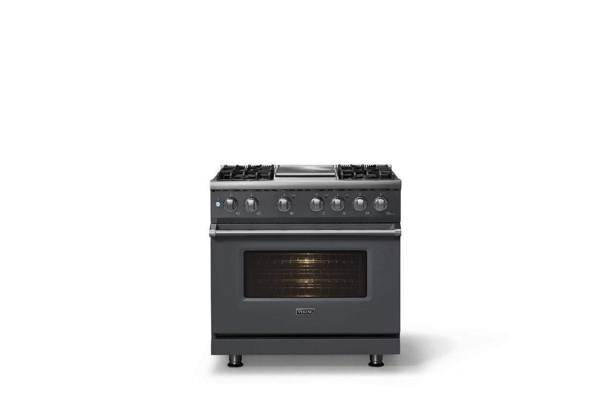 36"W. Dual Fuel Range (Burner: 4g, Finish: Cast Black, Trim: Polished Chrome, Fuel: Natural Gas)