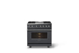 36"W. Dual Fuel Range (Burner: 4g, Finish: Cast Black, Trim: Polished Chrome, Fuel: Natural Gas)