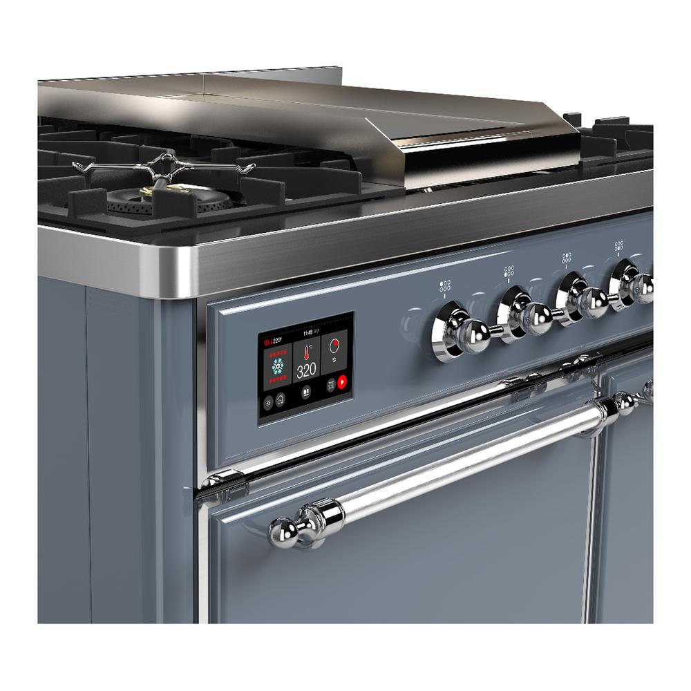 ILVE UMD40FQNR3BGC Majestic III 40 inch Dual Fuel Range with 6 Burners and Griddle, Dual Function Burner up to 25,000 BTU (Natural Gas, Solid Door, Blue Grey, Chrome)