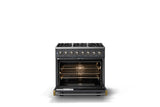 36"W. Dual Fuel Range (Burner: 6b, Finish: Cast Black, Trim: Brushed Brass, Fuel: Natural Gas)