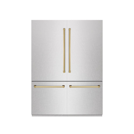 ZLINE Autograph Edition 60 in. 32.2 cu. ft. French Door Built-In Bottom Freezer Refrigerator with Water Dispenser and Ice Maker in DuraSnow' Stainless Steel with Graphite Gray Interior and Polished Gold Accents (GRBIVZ-SN-60-G)