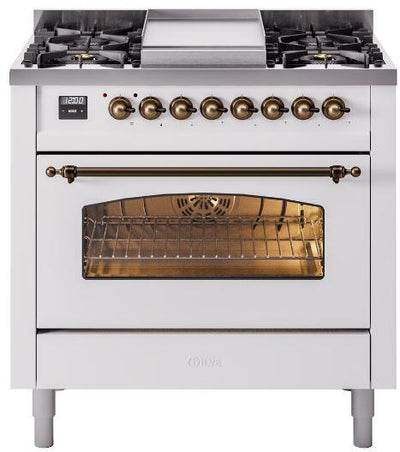 Nostalgie II 36 Inch Dual Fuel Liquid Propane Freestanding Range in White with Bronze Trim