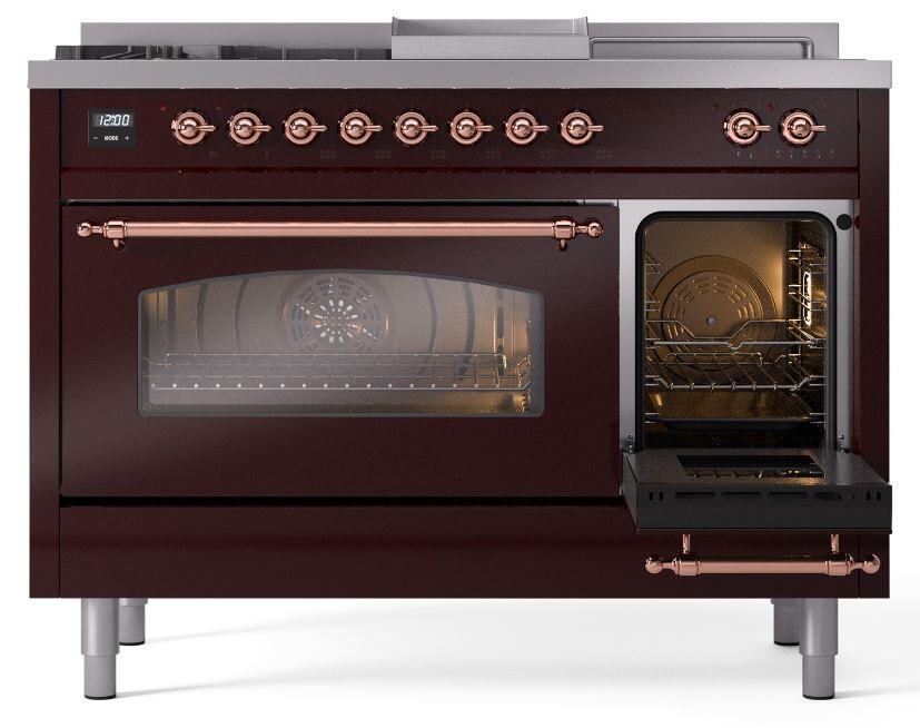 Nostalgie II 48 Inch Dual Fuel Natural Gas Freestanding Range in Burgundy with Copper Trim