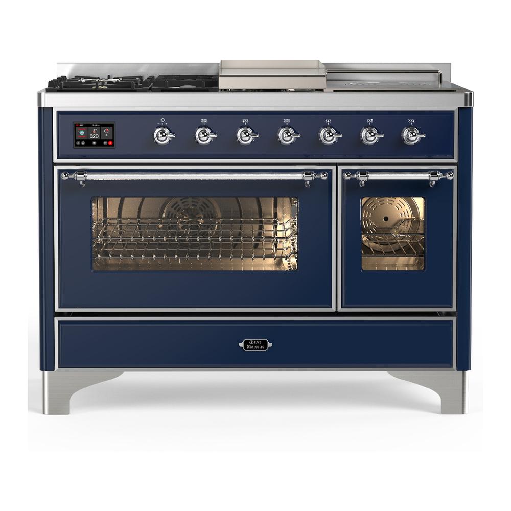 ILVE UM48FSNR3MBCLP Majestic III 48 inch Dual Fuel Range with 5 Black Brass Burners, Griddle and French Top, Dual Function Burner up to 25,000 BTU (Liquid Propane, Triple Glass Door, Midnight Blue, Chrome)