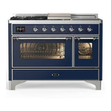 ILVE UM48FSNR3MBCLP Majestic III 48 inch Dual Fuel Range with 5 Black Brass Burners, Griddle and French Top, Dual Function Burner up to 25,000 BTU (Liquid Propane, Triple Glass Door, Midnight Blue, Chrome)