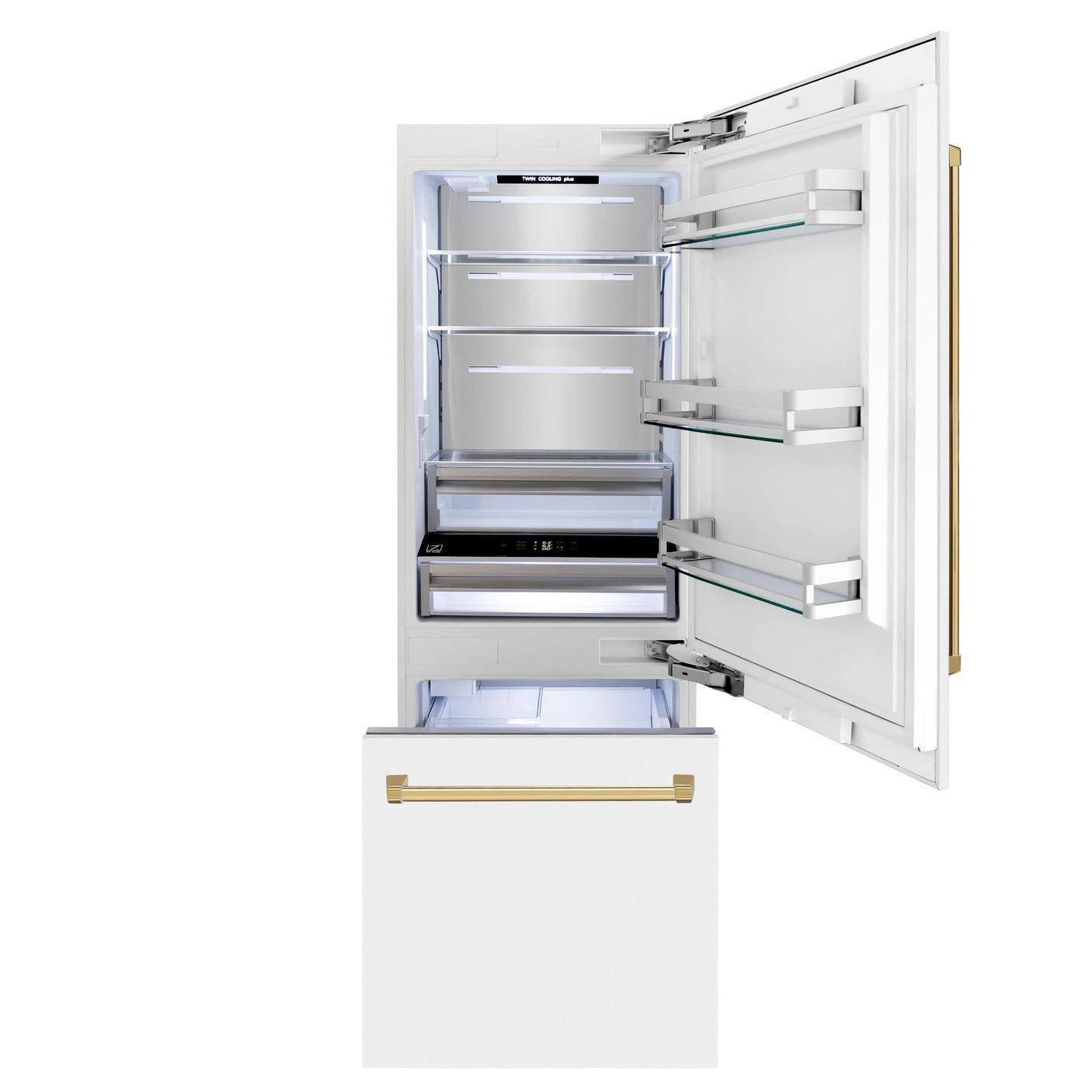 ZLINE 30" Autograph Edition 16.1 cu. ft. Built-in 2-Door Bottom Freezer Refrigerator with Internal Water and Ice Dispenser in White Matte with Polished Gold Accents (RBIVZ-WM-30-G)