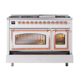 ILVE UN48FNMPWHP Nostalgie II Noblesse 48 inch Dual Fuel Range (8 Sealed Burners + Griddle, Natural Gas, Triple Glass Door, White, Copper)