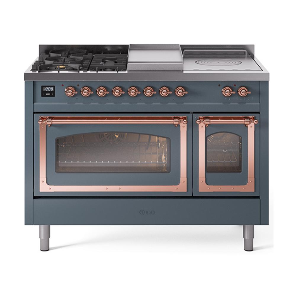 ILVE UN48FSNMPBGPLP Nostalgie II Noblesse 48 inch Dual Fuel Range (5 Sealed Burners + Griddle + French Top, Liquid Propane, Triple Glass Door, Blue Grey, Copper)