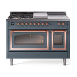 ILVE UN48FSNMPBGPLP Nostalgie II Noblesse 48 inch Dual Fuel Range (5 Sealed Burners + Griddle + French Top, Liquid Propane, Triple Glass Door, Blue Grey, Copper)