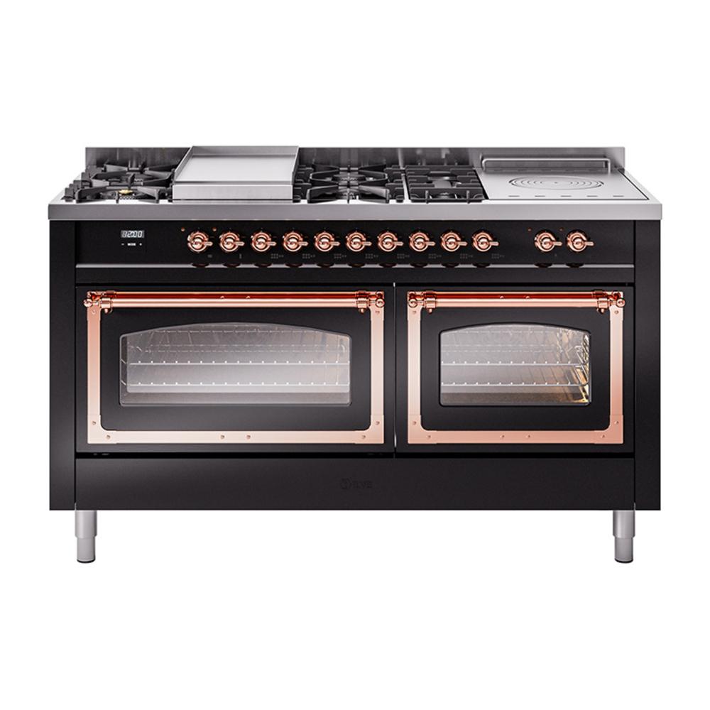 ILVE UN60FSNMPBKPLP Nostalgie II Noblesse 60 inch Dual Fuel Range (7 Sealed Burners + Griddle + French Top, Liquid Propane, Triple Glass Door, Glossy Black, Copper)