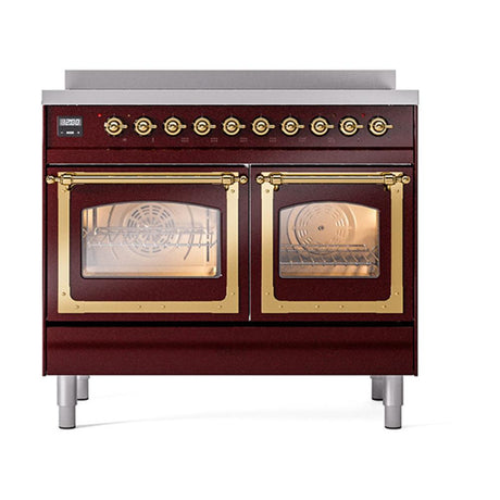 ILVE UNDI406NMPBUG Nostalgie II Noblesse 40 inch Induction Range (Triple Glass Door, Burgundy, Brass)