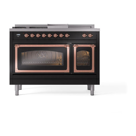 ILVE UN48FSNMPBKPLP Nostalgie II Noblesse 48 inch Dual Fuel Range (5 Sealed Burners + Griddle + French Top, Liquid Propane, Triple Glass Door, Glossy Black, Copper)