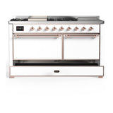 ILVE UM60FSQNR3WHPLP Majestic III 60 inch Dual Fuel Range with 7 Burners, Griddle and French Top, Dual Function Burner with up to 25,000 BTU (Liquid Propane, Solid Door, White, Copper)