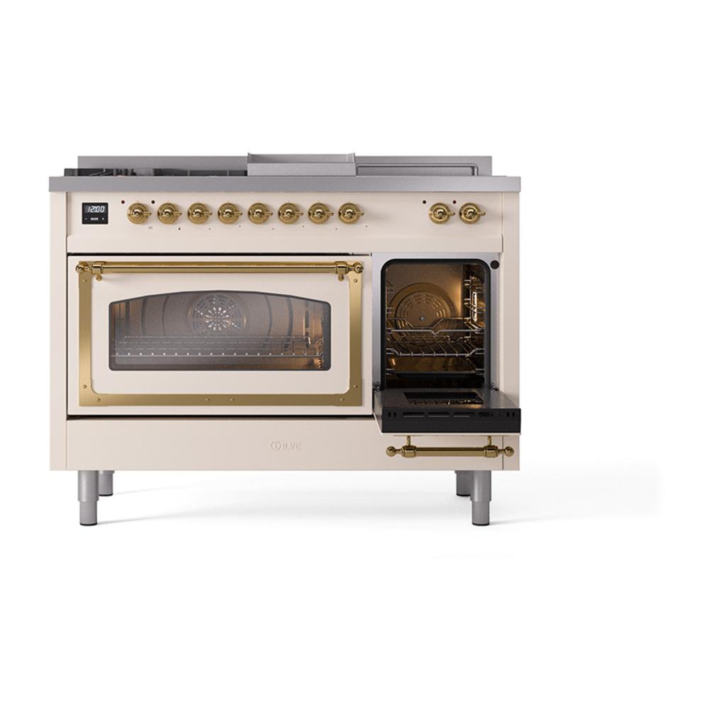 ILVE UN48FSNMPAWGLP Nostalgie II Noblesse 48 inch Dual Fuel Range (5 Sealed Burners + Griddle + French Top, Liquid Propane, Triple Glass Door, Antique White, Brass)