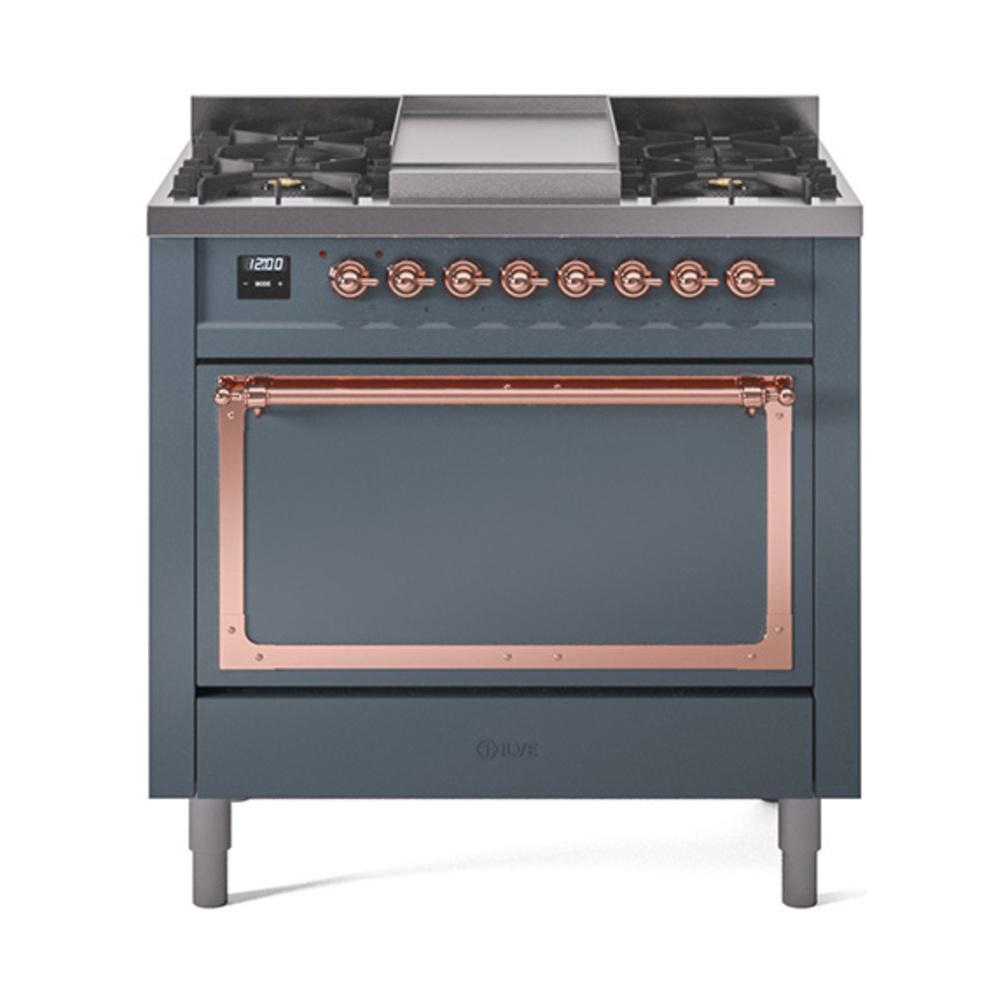 ILVE UN36FQNMPBGPLP Nostalgie II Noblesse 36 inch Dual Fuel Range (Liquid Propane, Solid Door, Blue Grey, Copper)