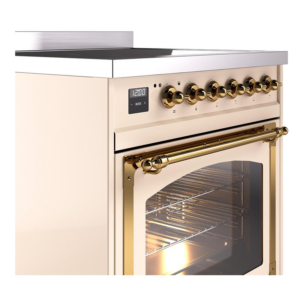 ILVE UNI304NMPAWG Nostalgie II Noblesse 30 inch Induction Range (Triple Glass Door, Antique White, Brass)