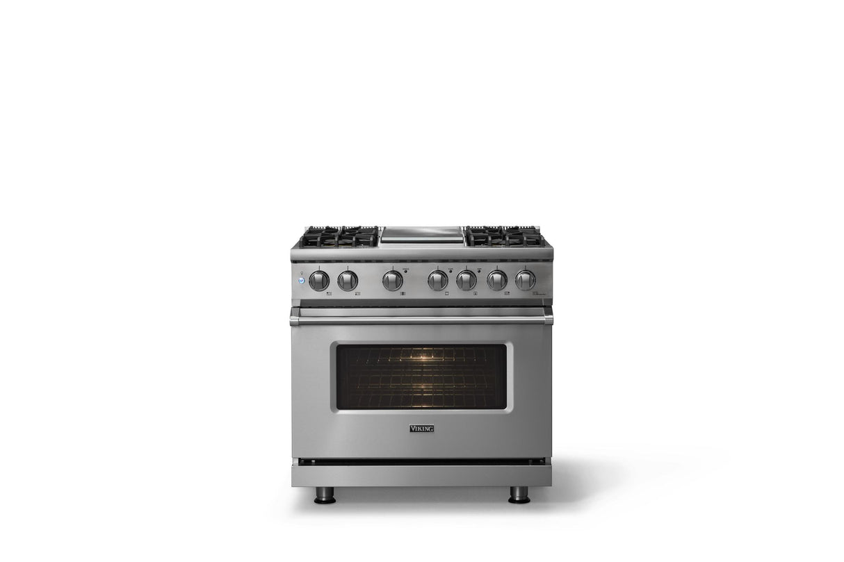 36"W. Dual Fuel Range (Burner: 4g, Finish: Stainless Steel, Trim: Polished Chrome, Fuel: Natural Gas)