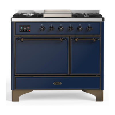 ILVE UMD40FQNR3MBB Majestic III 40 inch Dual Fuel Range with 6 Burners and Griddle, Dual Function Burner up to 25,000 BTU (Natural Gas, Solid Door, Midnight Blue, Burnished)