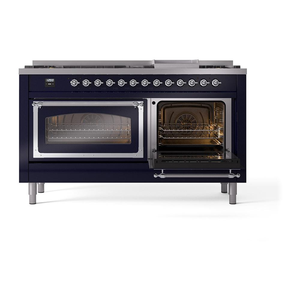 ILVE UN60FNMPMBCLP Nostalgie II Noblesse 60 inch Dual Fuel Range (9 Sealed Burners + Griddle, Liquid Propane, Triple Glass Door, Midnight Blue, Chrome)